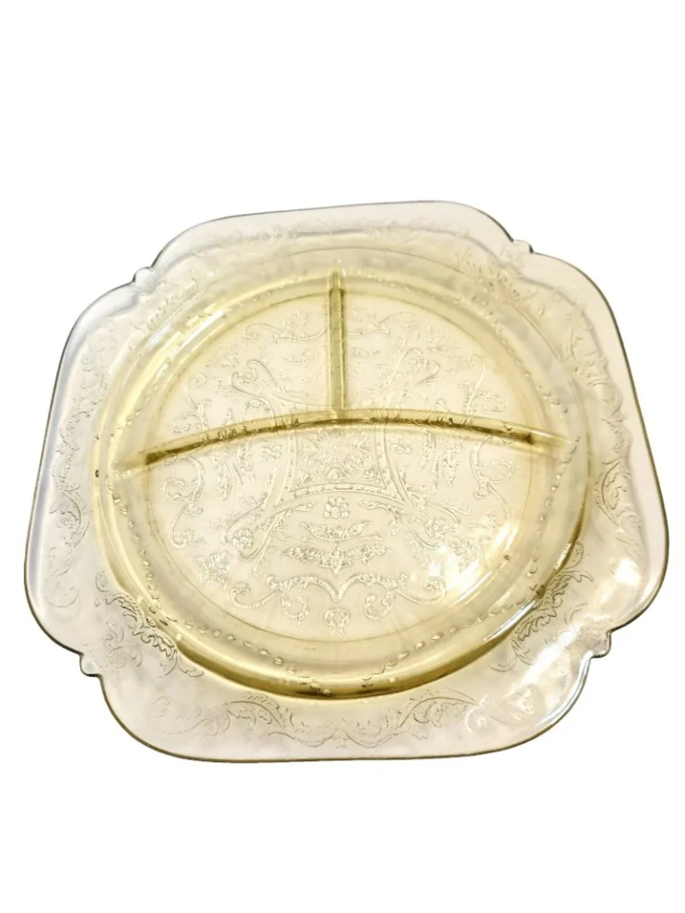 Federal Madrid Etched Divided 3 Section Depression Glass Plate Floral Scrolled